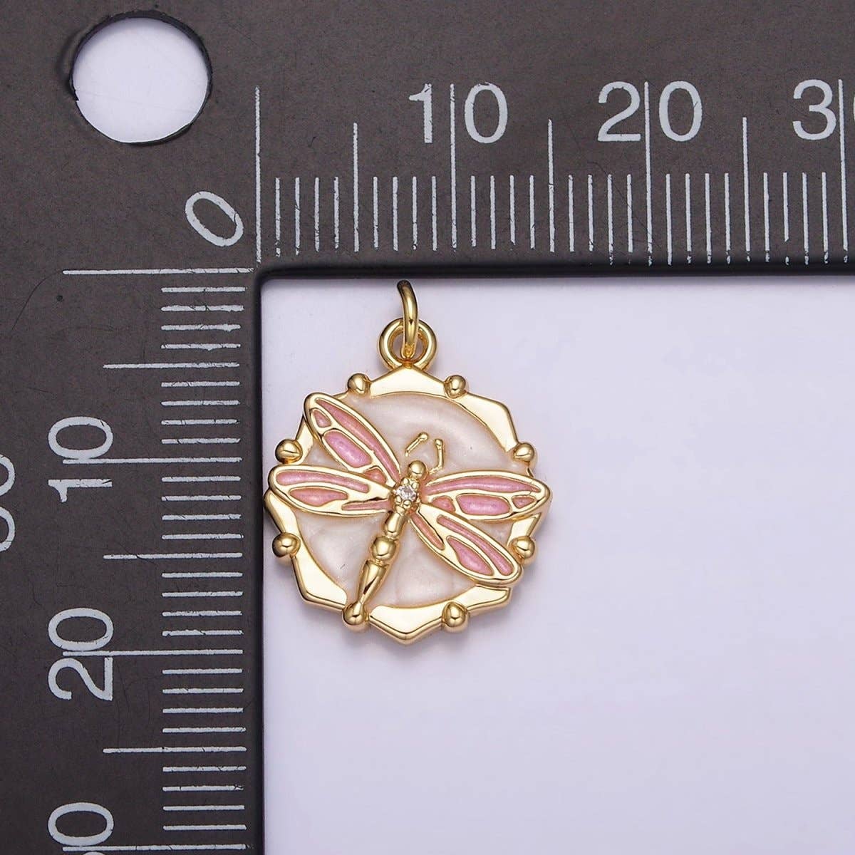 16K Gold Filled Dragonfly Insect White, Pink, Blue Sparkly Enamel Hexagonal Charm | AC1555 - AC1560: Silver / White