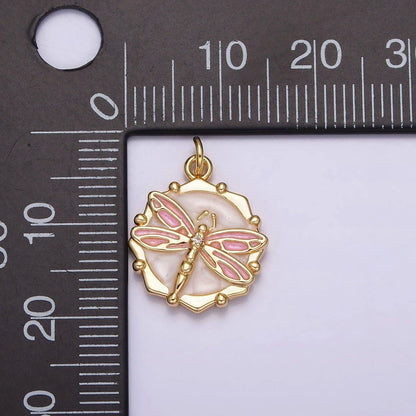 16K Gold Filled Dragonfly Insect White, Pink, Blue Sparkly Enamel Hexagonal Charm | AC1555 - AC1560: Silver / White