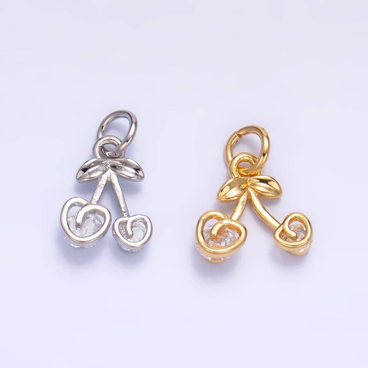 24K Gold Filled CZ Heart Cherry Fruit Charm in Gold & Silver | W321: Silver