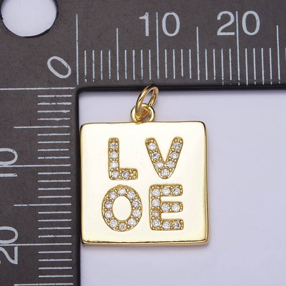 16K Gold Filled "LOVE" Script Micro Paved CZ Square  Charm