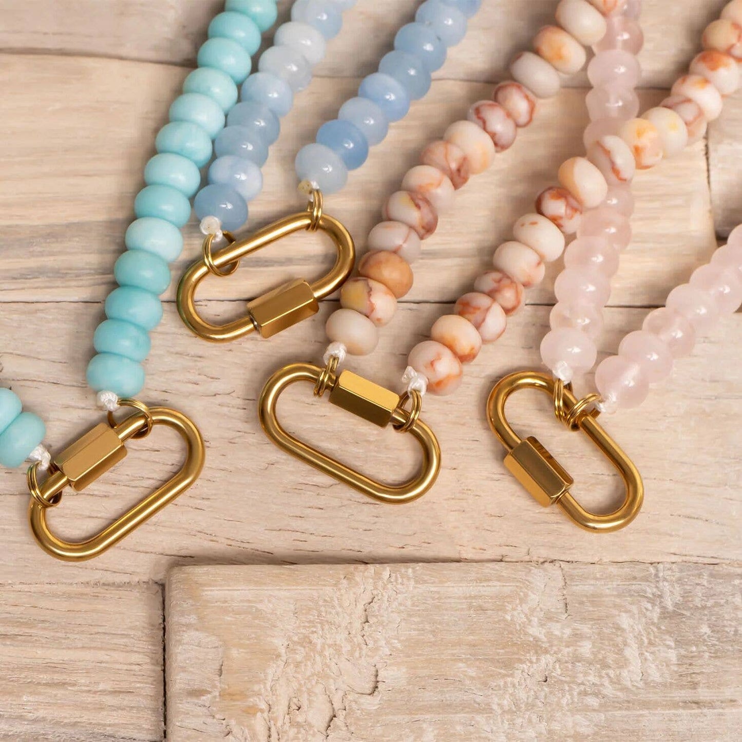 Stainless Steel Turquoise Chunky Bead Carabiner Necklace: Stainless