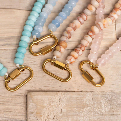 Stainless Steel Turquoise Chunky Bead Carabiner Necklace: Gold