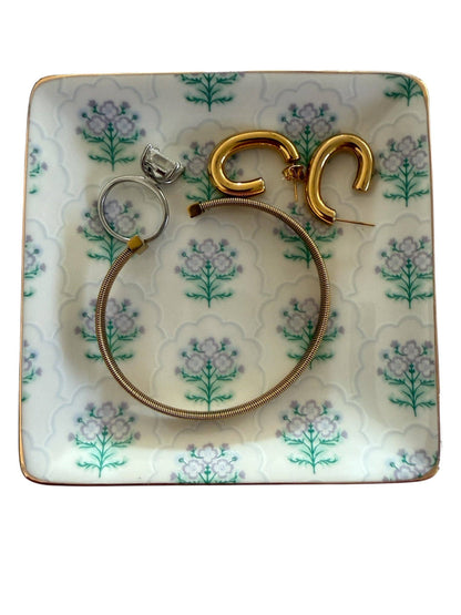 Ceramic Jewelry Trinket Tray with Gold Rim – 4” Square Catchall Dish: Cowboy Coquette