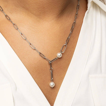 18K Gold PVD Stainless Steel Y Paperclip Necklace with Pearl: Gold