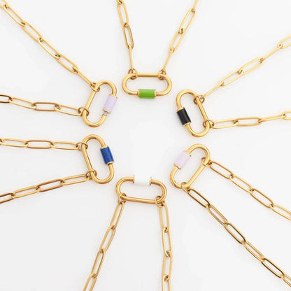 18K Gold PVD Colorful Carabiner Necklace: Blue / 18"+2"