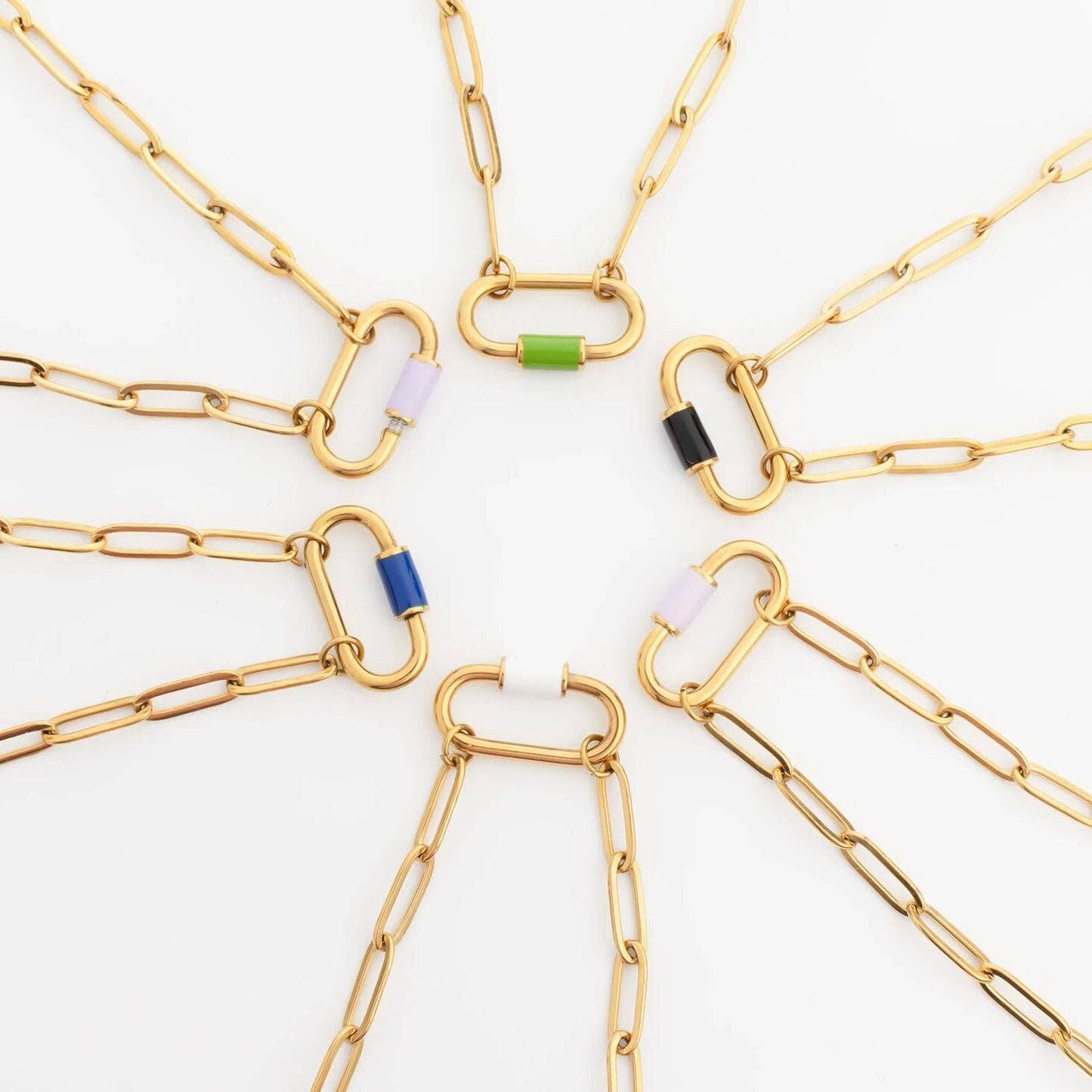 18K Gold PVD Colorful Carabiner Necklace: White / 18"+2"
