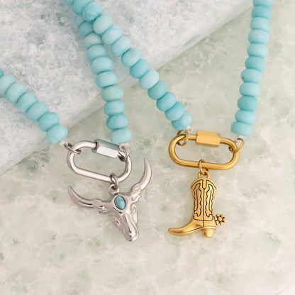 Stainless Steel Turquoise Chunky Bead Carabiner Necklace: Stainless