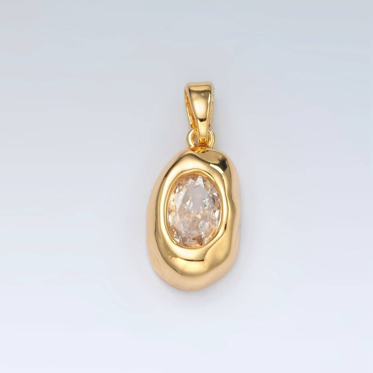 24K Gold Filled Clear CZ Oval Hammered Bezel Pendant | H792