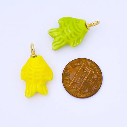 24K Gold Filled 25mm Orange, Red, Yellow, Blue, Green, Teal Fish Ceramic Porcelain Drop Charm | C960 - C963: Red