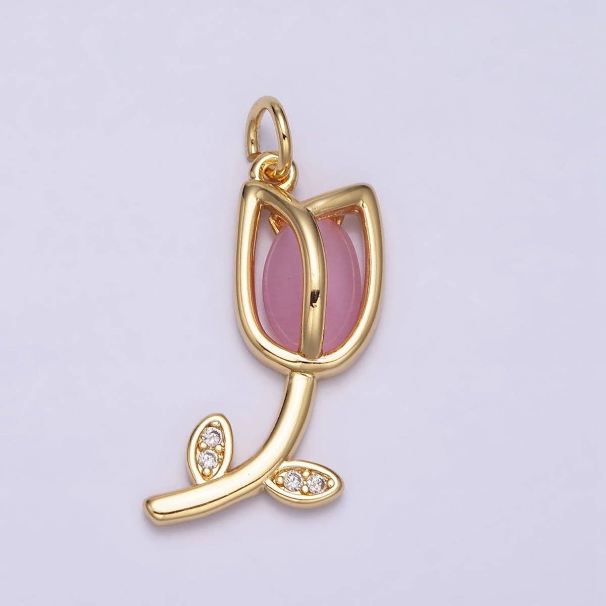 16K Gold Filled Flower Tulip Rose White, Blue, Pink Cat Eye Cabochon Charm in Gold & Silver | AC1073 - AC1078: Blue / Silver
