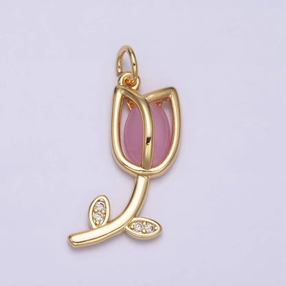 16K Gold Filled Flower Tulip Rose White, Blue, Pink Cat Eye Cabochon Charm in Gold & Silver | AC1073 - AC1078: Blue / Silver