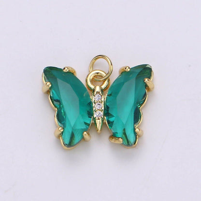 24K Gold Filled Blue, Green, Lavender, Purple Acrylic Micro Paved CZ Butterfly Mariposa Charm | M-377 - M-380: Green