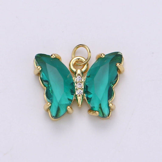 24K Gold Filled Blue, Green, Lavender, Purple Acrylic Micro Paved CZ Butterfly Mariposa Charm | M-377 - M-380: Green