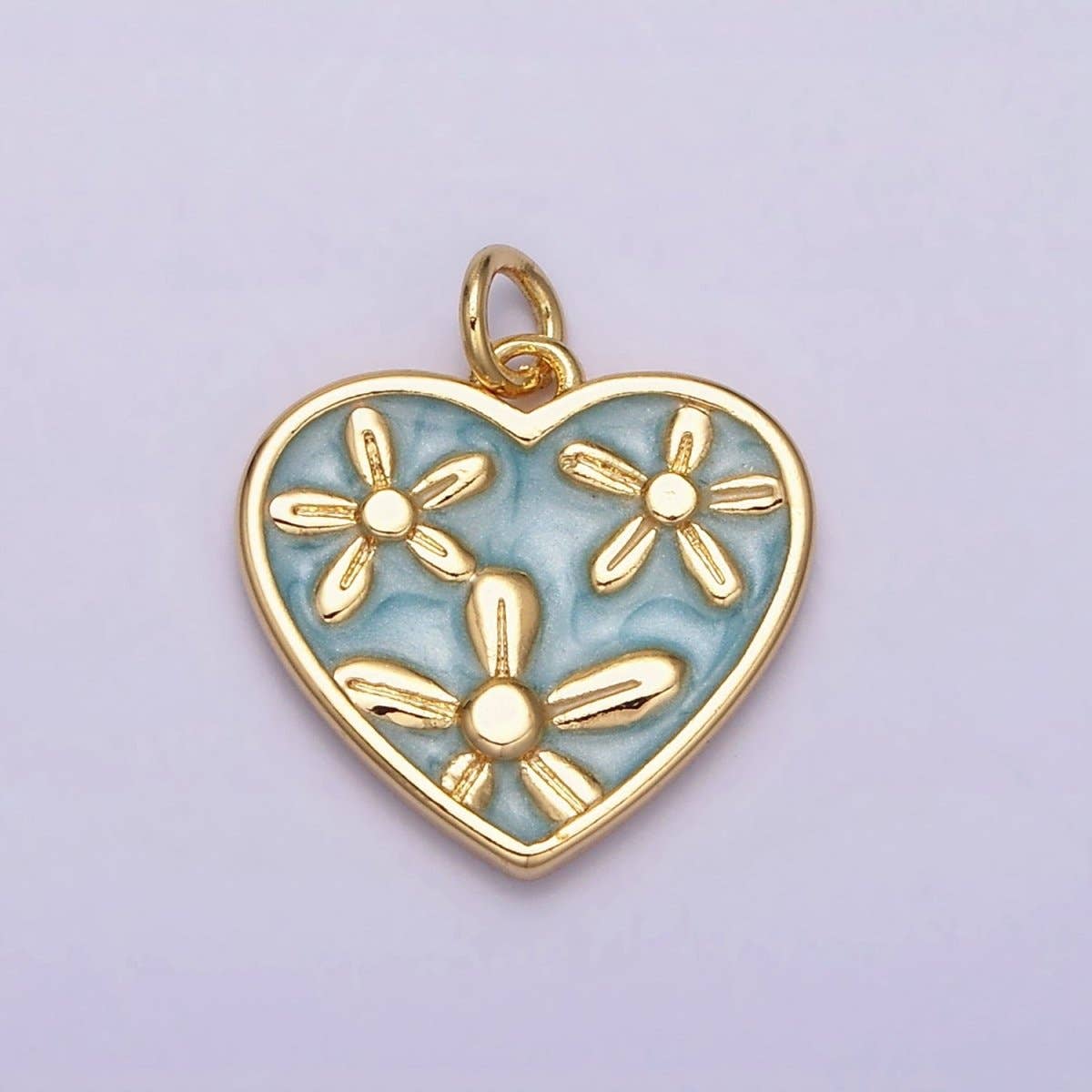 16K Gold Filled Triple Flower White, Pink, Blue Sparkly Enamel Heart Charm | AC1105 - AC1110: Silver / Blue