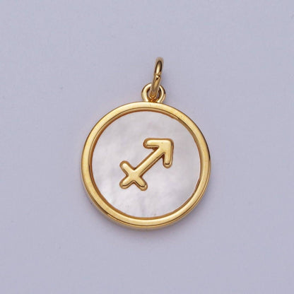 24K Gold Filled Zodiac Signs Shell Pearl Round Coin Charm Astrology Jewelry Making | A-A1367-A-A1372: Gemini