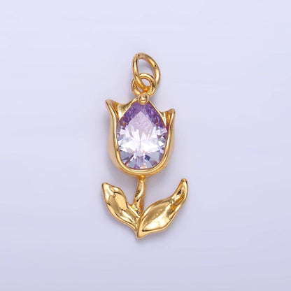 24K Gold Filled Clear, Pink CZ Tulip Charm in Gold & Silver | W819 W820 M182: Silver / Purple