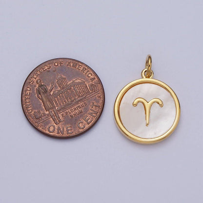 24K Gold Filled Zodiac Signs Shell Pearl Round Coin Charm Astrology Jewelry Making | A-A1367-A-A1372: Gemini