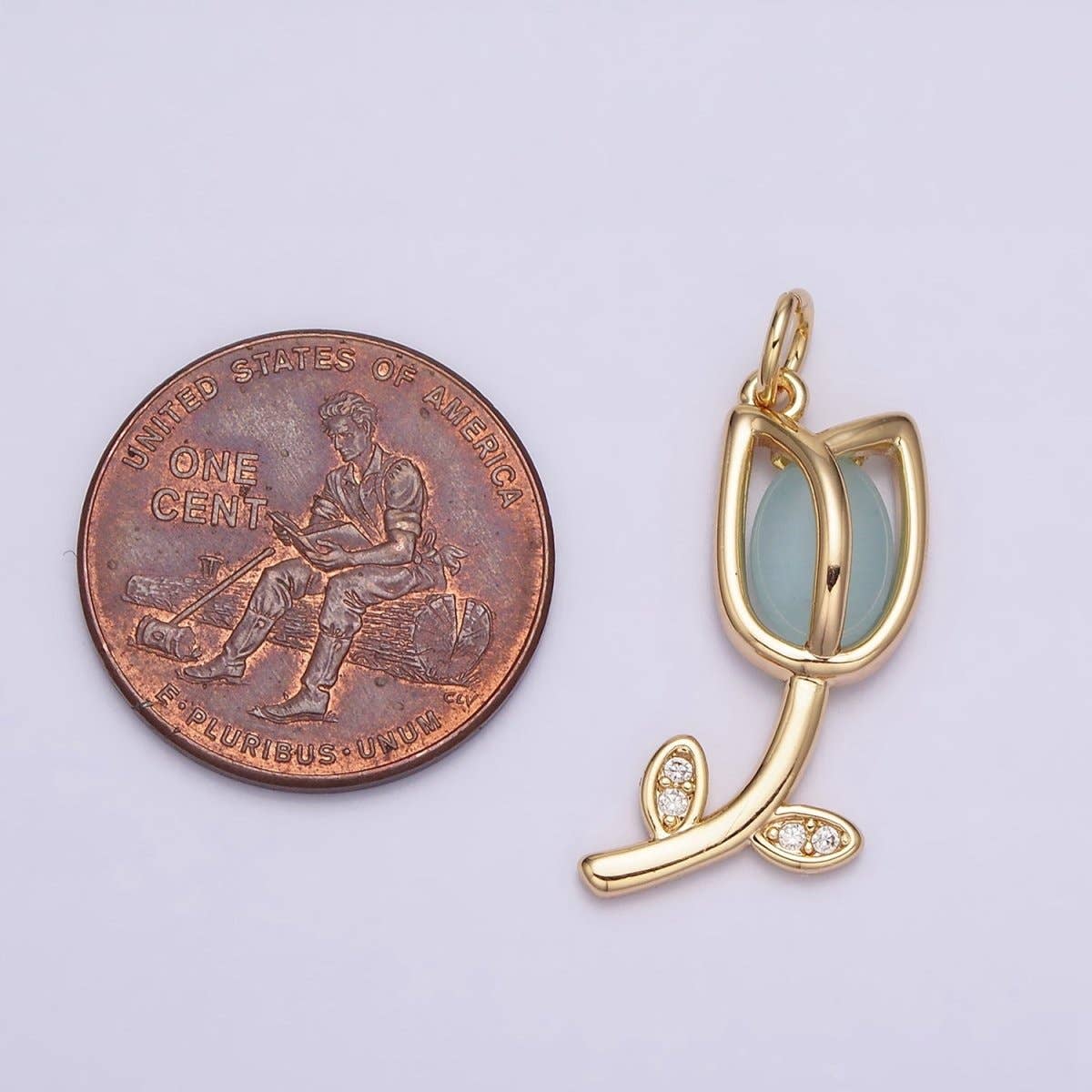 16K Gold Filled Flower Tulip Rose White, Blue, Pink Cat Eye Cabochon Charm in Gold & Silver | AC1073 - AC1078: Blue / Silver