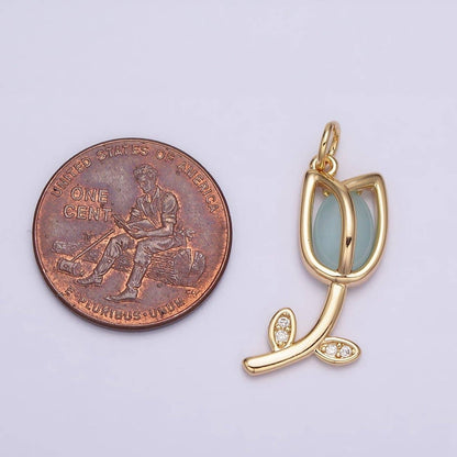 16K Gold Filled Flower Tulip Rose White, Blue, Pink Cat Eye Cabochon Charm in Gold & Silver | AC1073 - AC1078: Blue / Silver