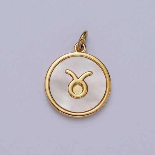 24K Gold Filled Zodiac Signs Shell Pearl Round Coin Charm Astrology Jewelry Making | A-A1367-A-A1372: Taurus