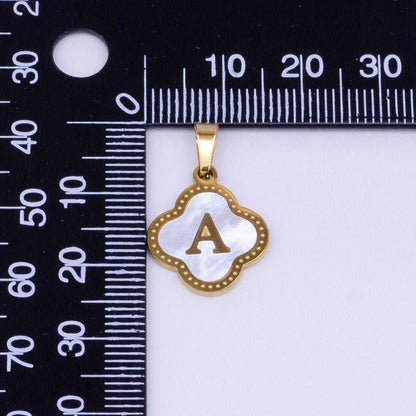 Stainless Steel A-Z Initial Letter Shell Pearl Quatrefoil Clover Silver Pendant Lucky Charm | A-754-A-766: ALL INITIAL