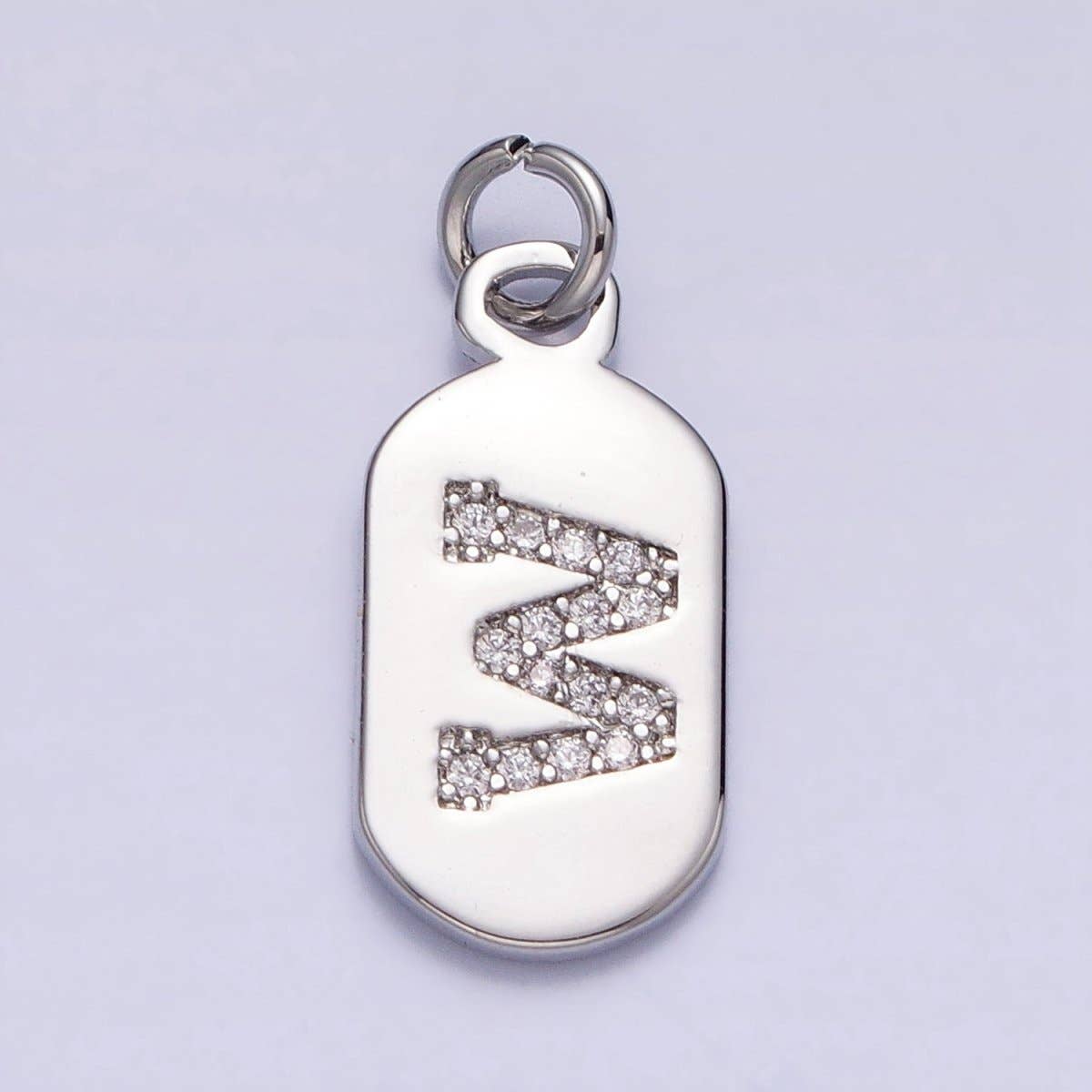 Silver Rectangular Tag CZ Clear Micro Paved Personalized Initial Alphabet Name Tag Charm | A-A1887-A-A1899: ALL INITIAL