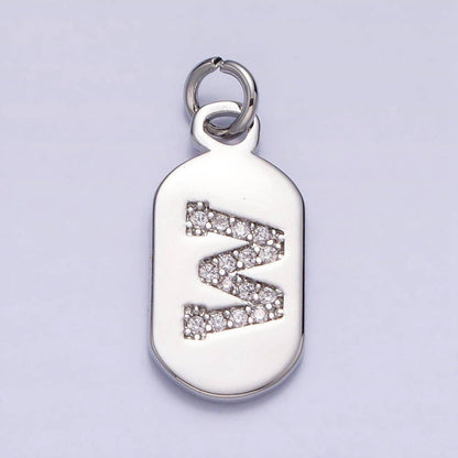 Silver Rectangular Tag CZ Clear Micro Paved Personalized Initial Alphabet Name Tag Charm | A-A1887-A-A1899: ALL INITIAL