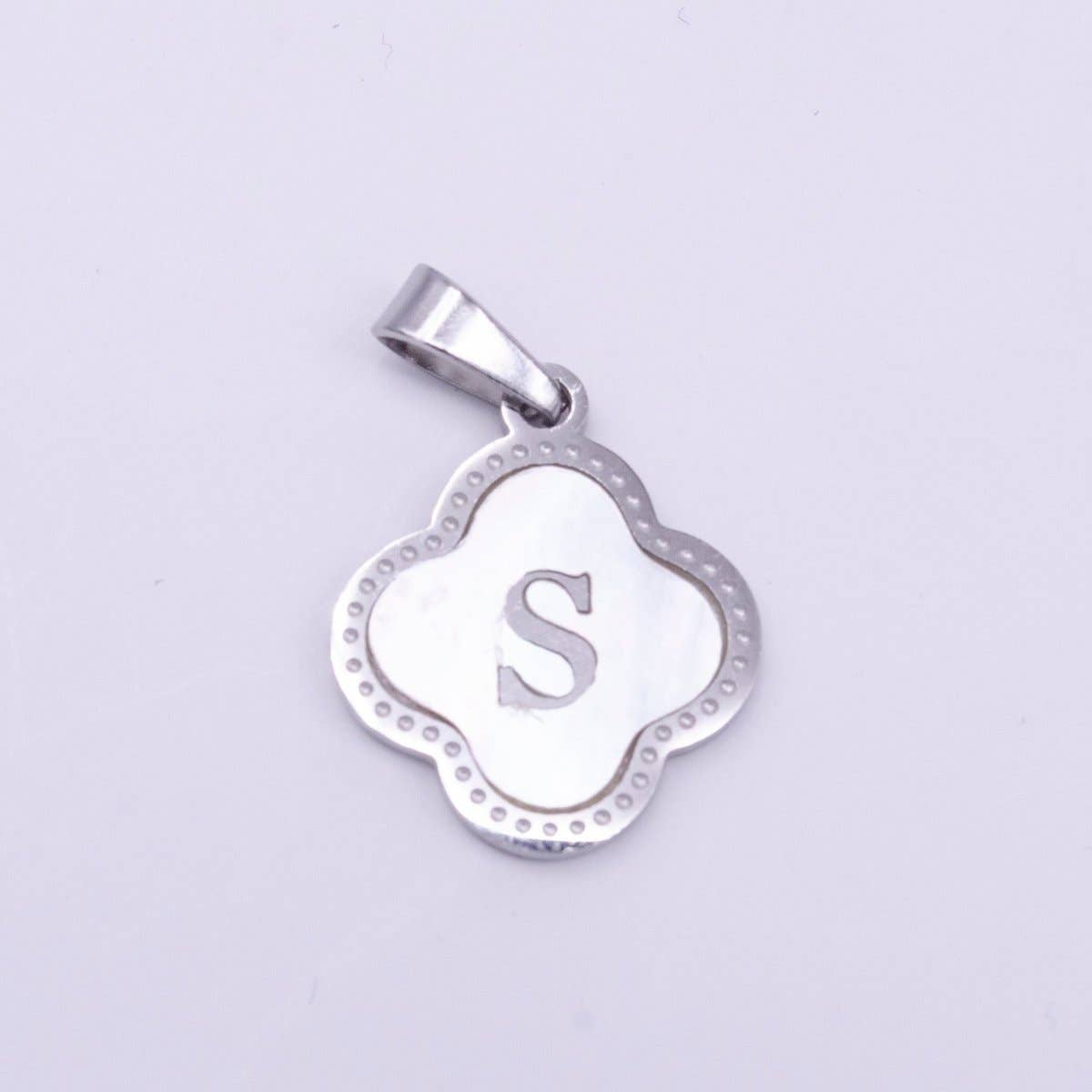 Stainless Steel A-Z Initial Letter Shell Pearl Quatrefoil Clover Silver Pendant Lucky Charm | A-754-A-766: ALL INITIAL