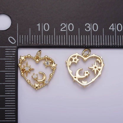 14K Gold Filled Celestial Star Crescent Moon CZ Dotted Open Heart Charm | AG419
