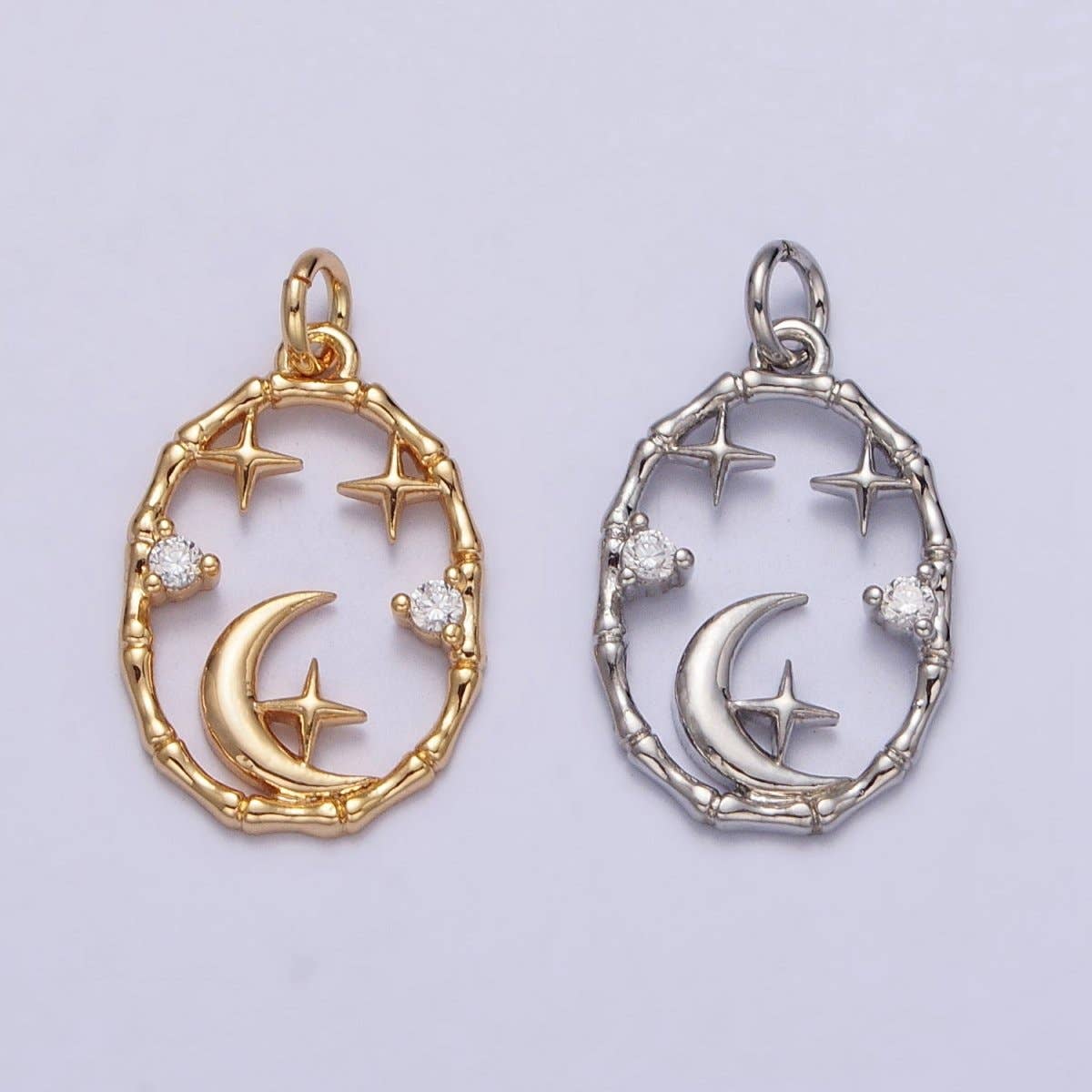16K Gold Filled Celestial Crescent Moon Stars CZ Open Oval Charm in Gold & Silver N-247 AC-275: Gold