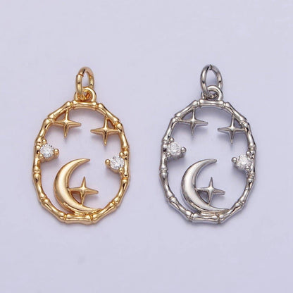 16K Gold Filled Celestial Crescent Moon Stars CZ Open Oval Charm in Gold & Silver N-247 AC-275: Silver