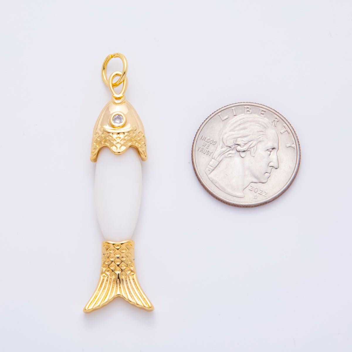 18K Gold Filled 60mm Round Clear CZ Shell Pearl Fish Drop Dangle Charm| AH-925