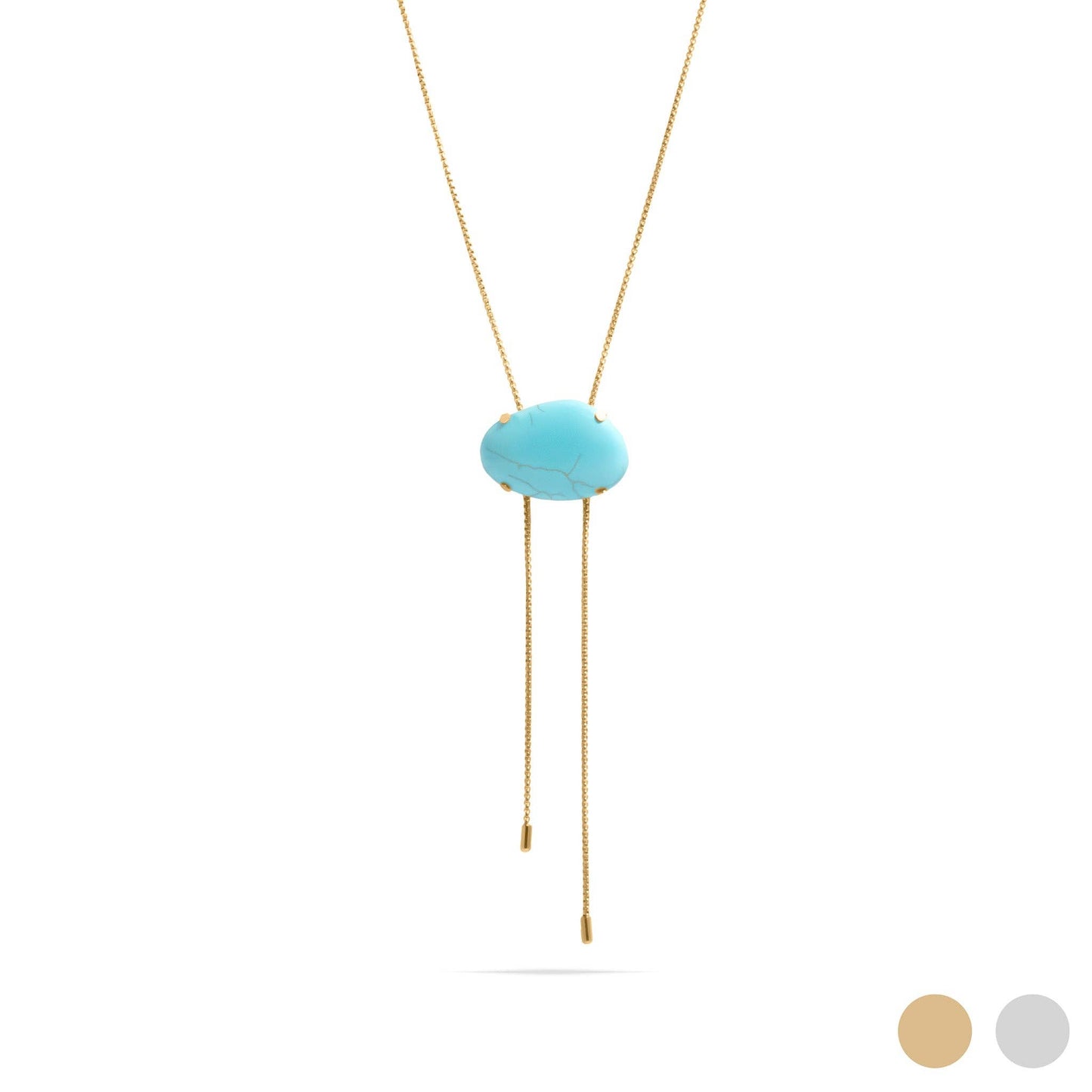 18K Gold PVD Stainless Steel Turquoise Charm Bolo Necklace: Stainless