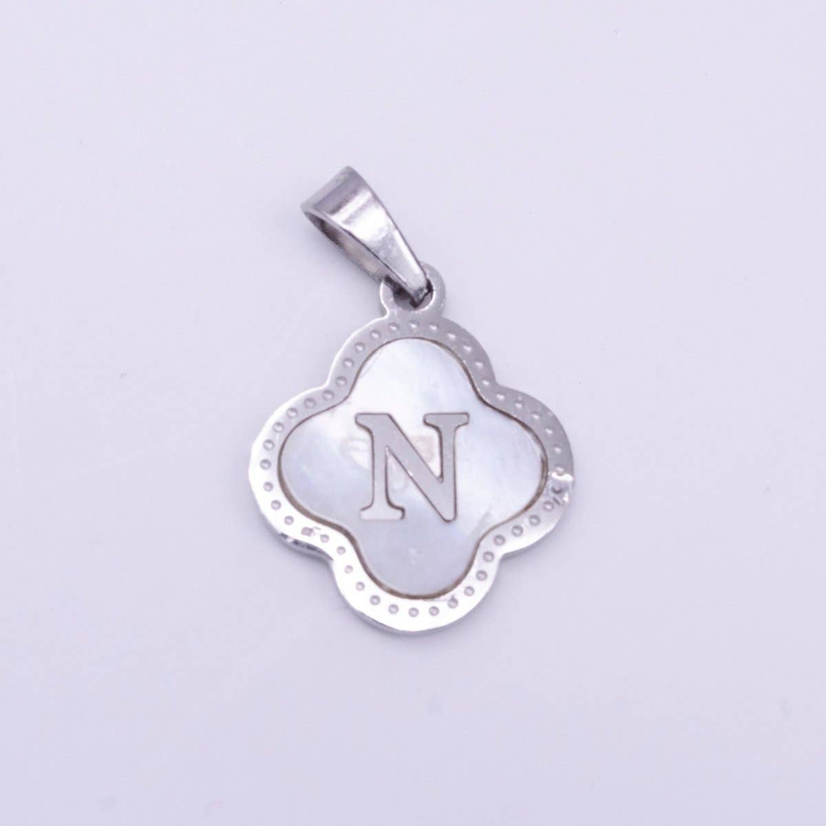 Stainless Steel A-Z Initial Letter Shell Pearl Quatrefoil Clover Silver Pendant Lucky Charm | A-754-A-766: ALL INITIAL