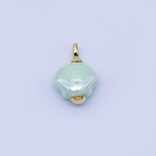 24K Gold Filled 12mm Handmade Ceramic Clam Seashell Charm | AF1577 - 1582: Light Green