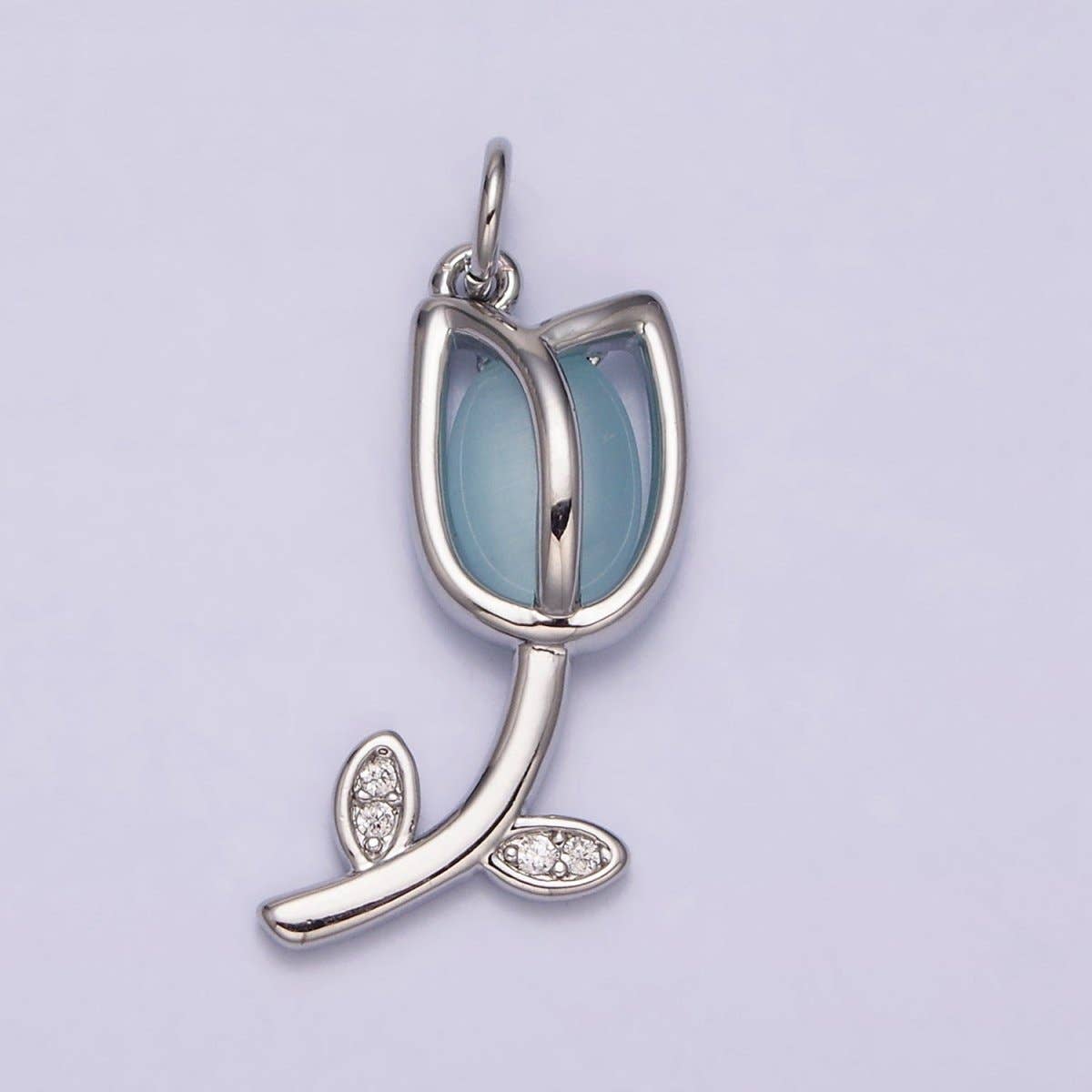 16K Gold Filled Flower Tulip Rose White, Blue, Pink Cat Eye Cabochon Charm in Gold & Silver | AC1073 - AC1078: Blue / Silver