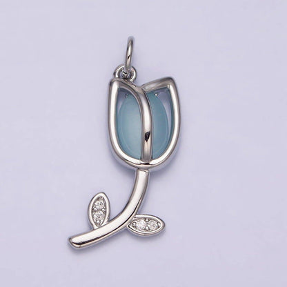 16K Gold Filled Flower Tulip Rose White, Blue, Pink Cat Eye Cabochon Charm in Gold & Silver | AC1073 - AC1078: Blue / Silver