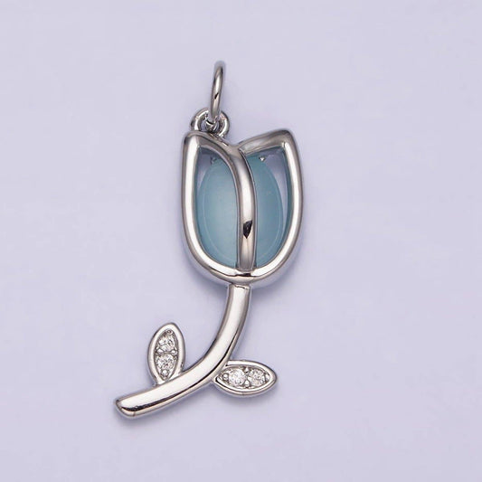 16K Gold Filled Flower Tulip Rose White, Blue, Pink Cat Eye Cabochon Charm in Gold & Silver | AC1073 - AC1078: Blue / Silver