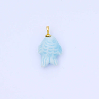 24K Gold Filled 25mm Orange, Red, Yellow, Blue, Green, Teal Fish Ceramic Porcelain Drop Charm | C960 - C963: Green