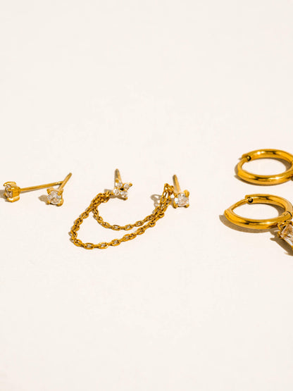 18K Gold Non-Tarnish CZ Chain Earring Set