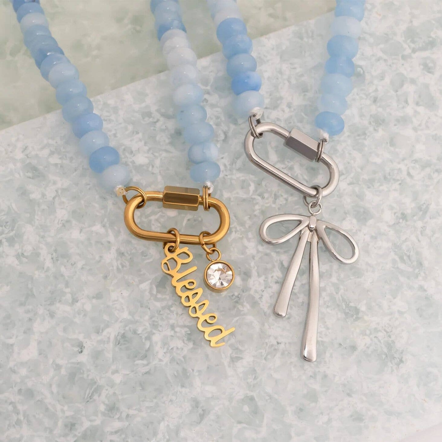 Stainless Steel  Blue Chunky Glass Bead Carabiner Necklace: Gold