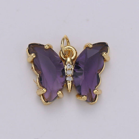 24K Gold Filled Blue, Green, Lavender, Purple Acrylic Micro Paved CZ Butterfly Mariposa Charm | M-377 - M-380: Purple