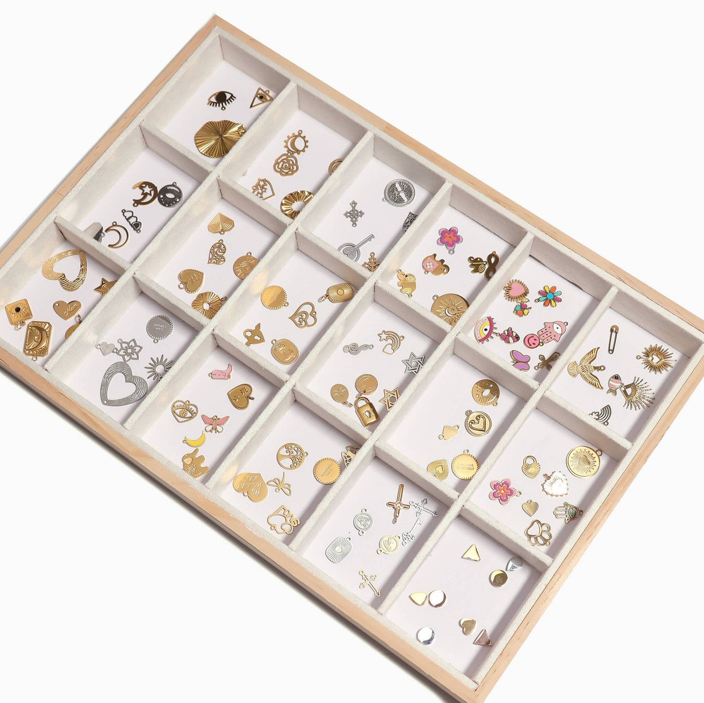 Natural Wood & Suede 24 Unit Jewelry Tray Display