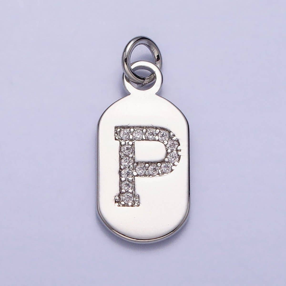 Silver Rectangular Tag CZ Clear Micro Paved Personalized Initial Alphabet Name Tag Charm | A-A1887-A-A1899: ALL INITIAL