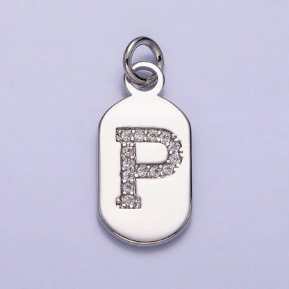 Silver Rectangular Tag CZ Clear Micro Paved Personalized Initial Alphabet Name Tag Charm | A-A1887-A-A1899: ALL INITIAL