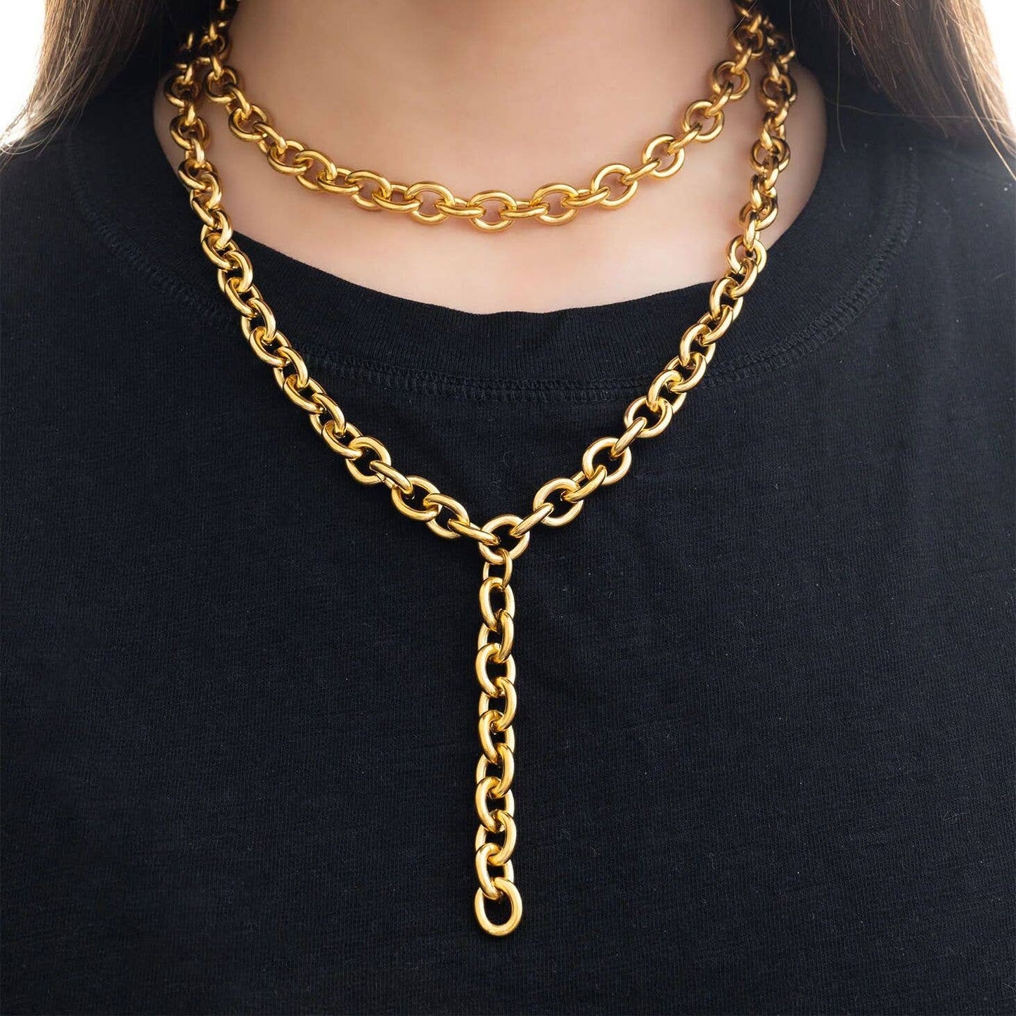 18K Gold PVD Stainless Steel Chunky Chain Lariat Necklace: Gold