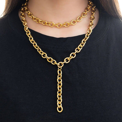 18K Gold PVD Stainless Steel Chunky Chain Lariat Necklace: Gold