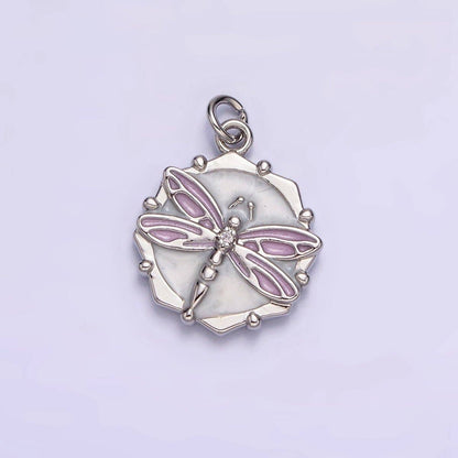 16K Gold Filled Dragonfly Insect White, Pink, Blue Sparkly Enamel Hexagonal Charm | AC1555 - AC1560: Silver / White