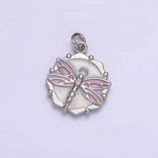 16K Gold Filled Dragonfly Insect White, Pink, Blue Sparkly Enamel Hexagonal Charm | AC1555 - AC1560: Silver / White