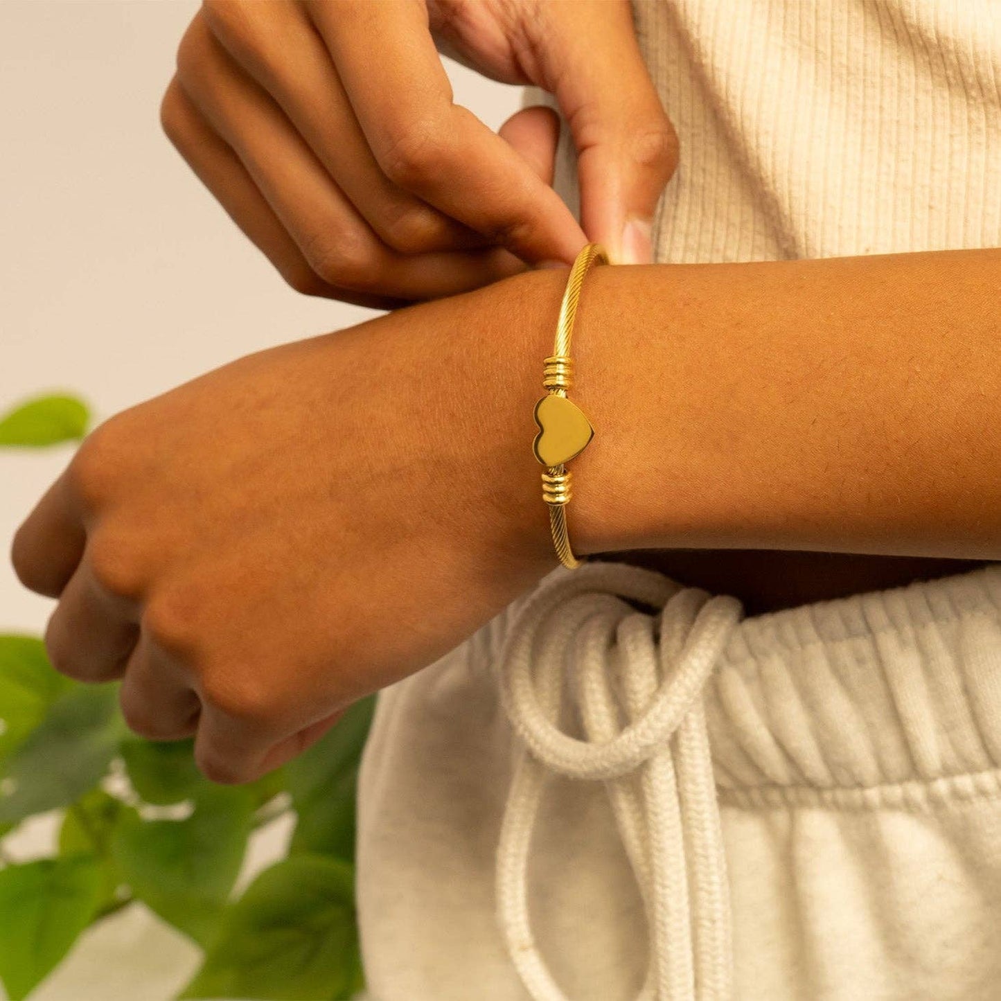 18K Gold PVD Stainless Steel Engravable Heart Cuff Bracelet: Stainless